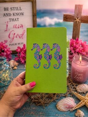 Lime Green Seahorse Hardcover Journal - Floral Seahorse Notebook